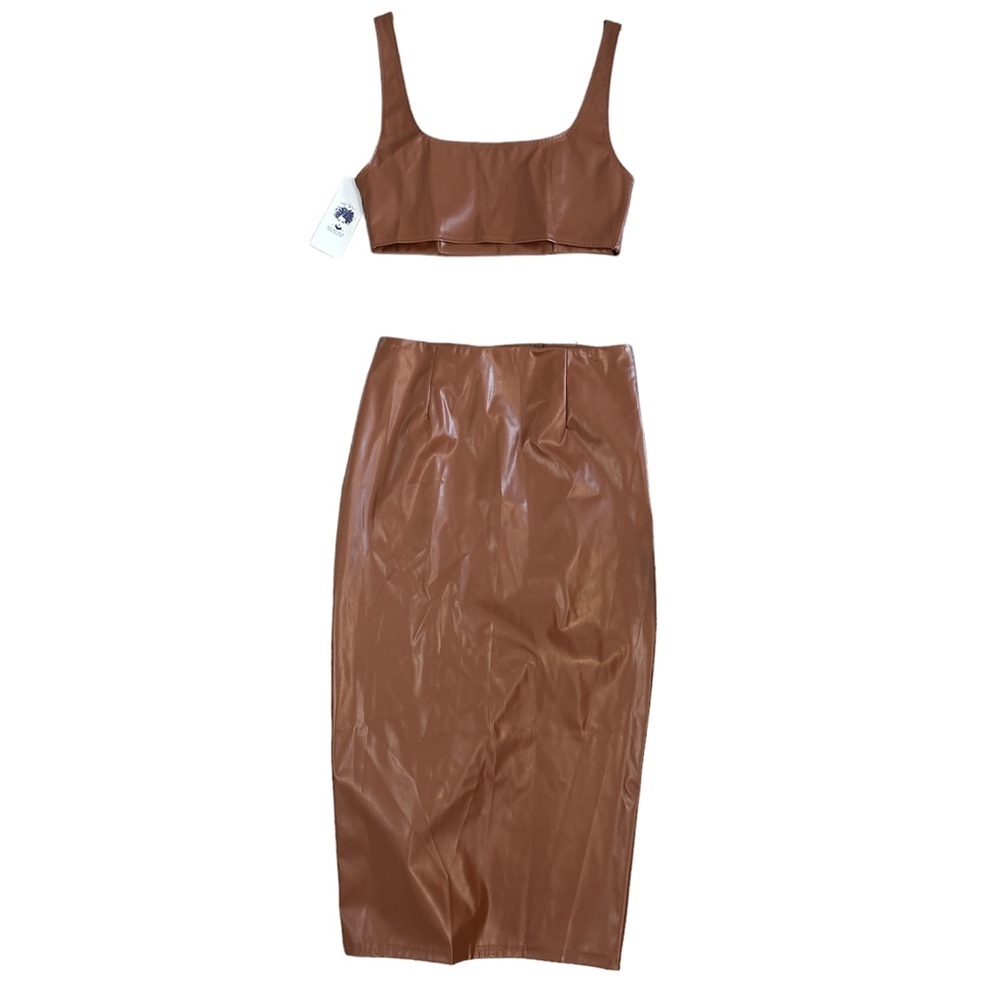 Do My Self Camel Faux Leather Crop Tank and Slit Skirt Combo Sexy Dress NWT